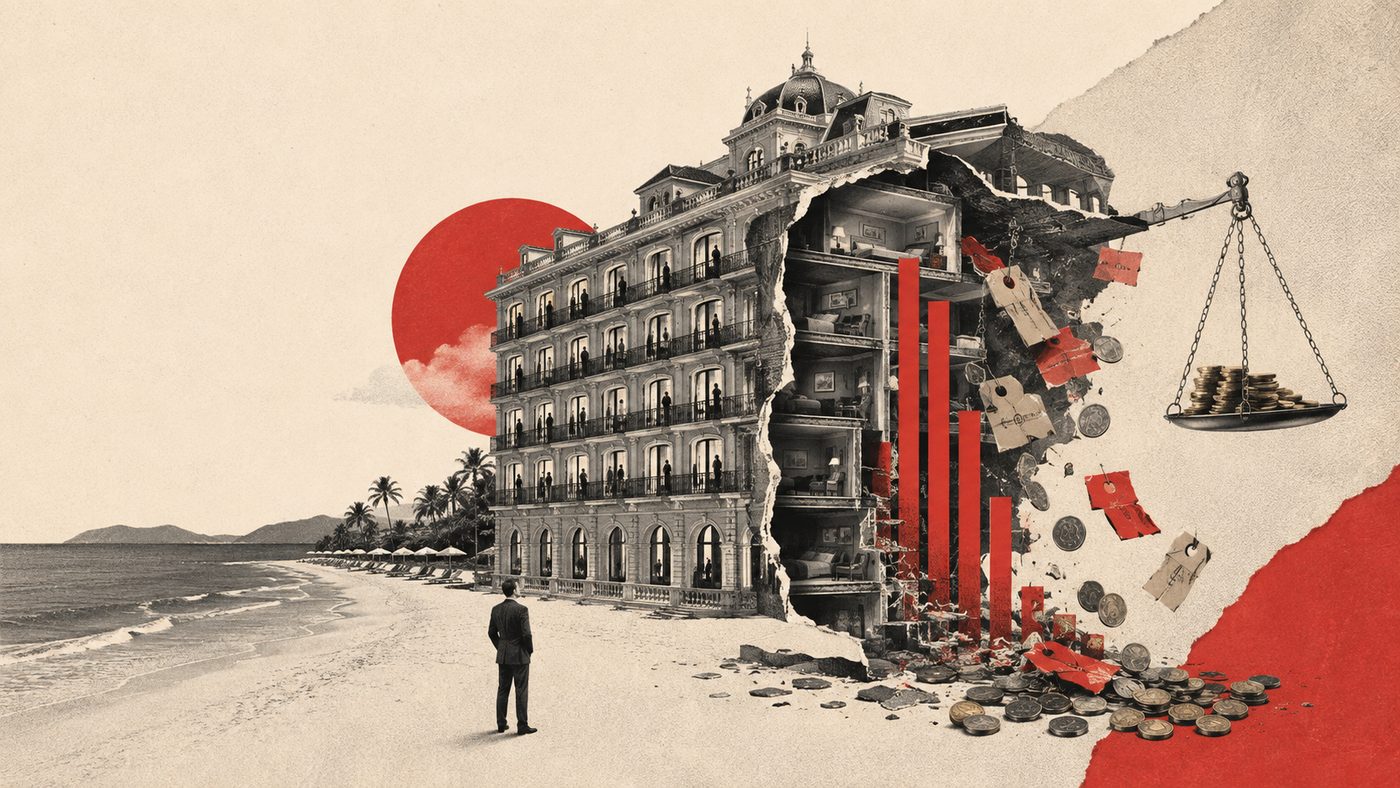 Collage editorial: la fachada de un gran hotel se abre en dos y deja ver el interior en ruinas, con un sol rojo al fondo.