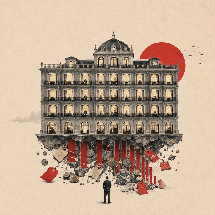 Collage: un gran hotel iluminado se desmorona por la base en etiquetas de precio y barras rojas descendentes, mientras una figura solitaria observa.