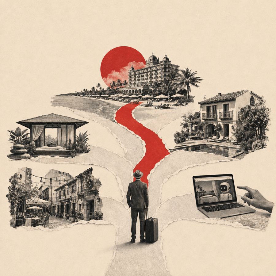 Collage: un viajero con maleta frente a un camino rojo que se bifurca hacia un resort, una casa de renta vacacional, un hotel boutique urbano y una pantalla de laptop.