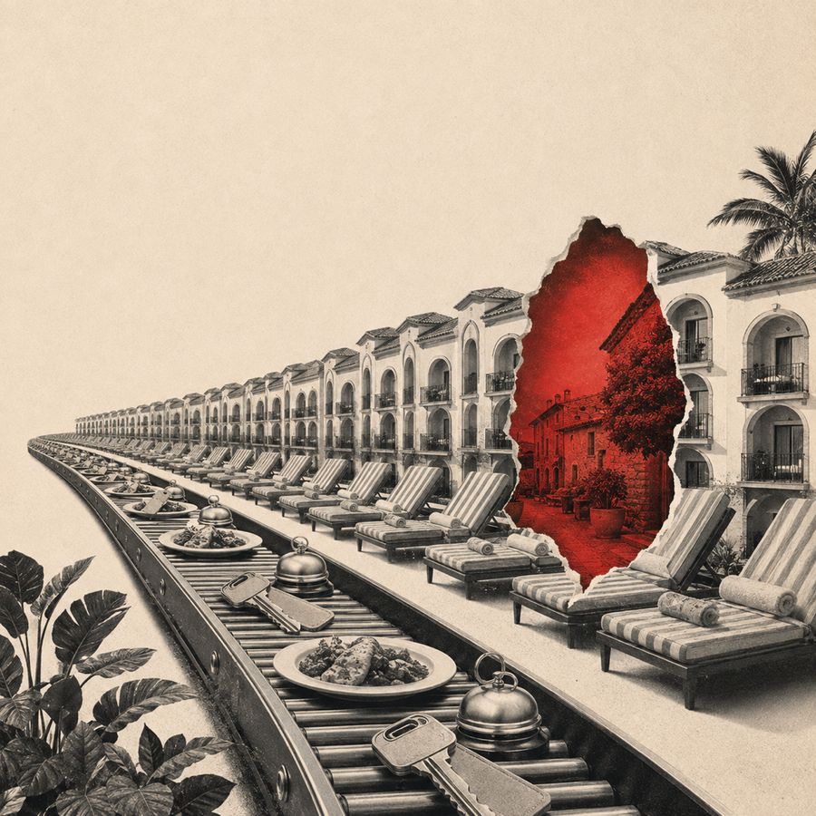 Collage: una banda transportadora infinita repite la misma habitación, el mismo camastro y el mismo buffet hasta el horizonte; una rasgadura roja deja ver otro paisaje.