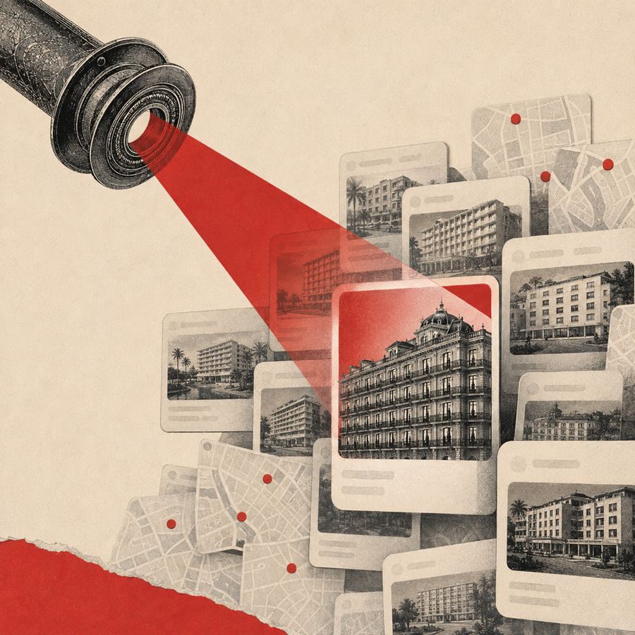 Collage: un haz de luz rojo proyectado desde una lente recorre decenas de fichas de hoteles y selecciona una sola.