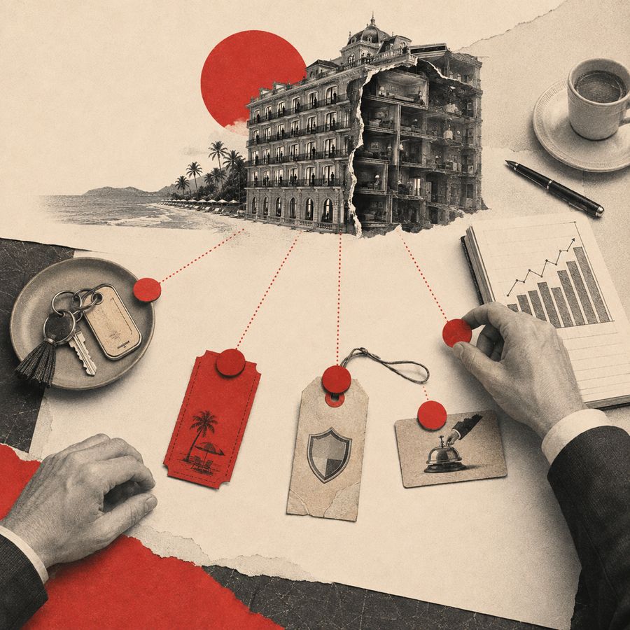 Collage: sobre un escritorio, cinco etiquetas rojas conectadas con hilos a la maqueta de un hotel; una mano firma un documento.