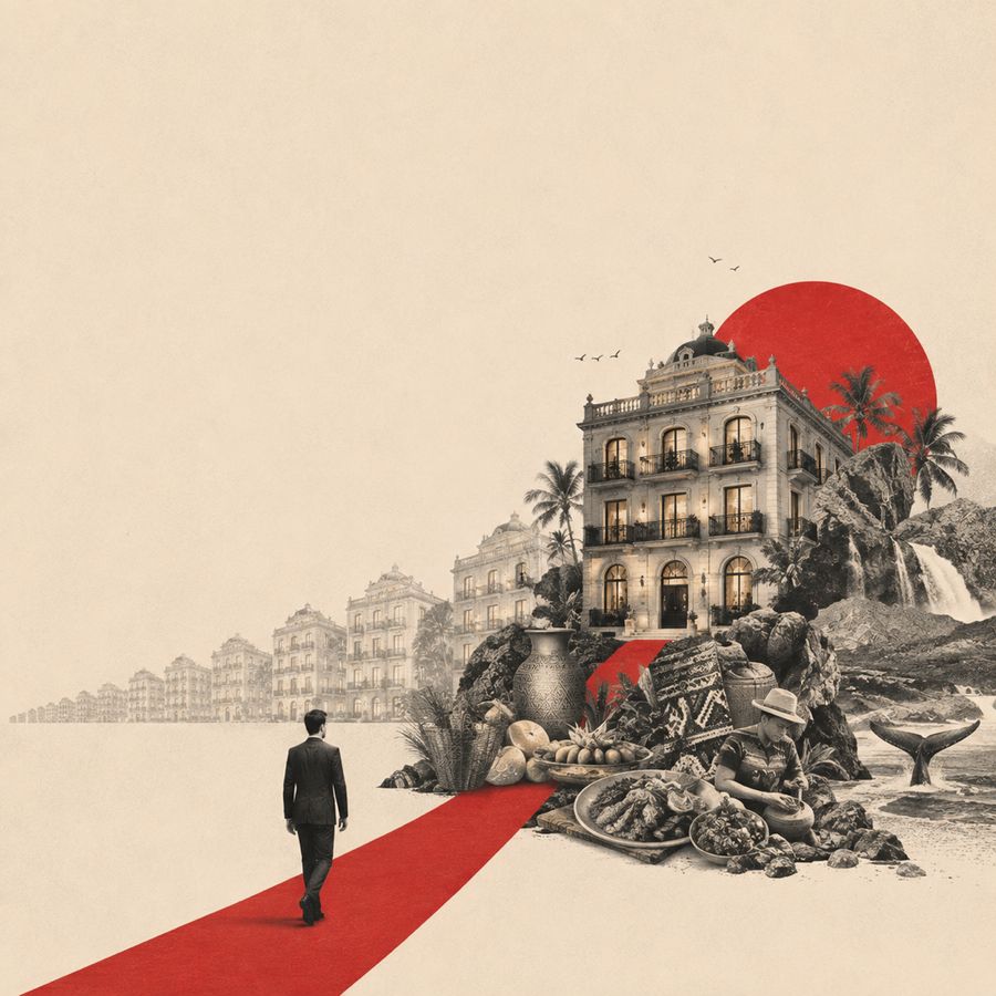Collage: una figura camina por una alfombra roja hacia un hotel que emerge entre vegetación, gastronomía y objetos del destino.