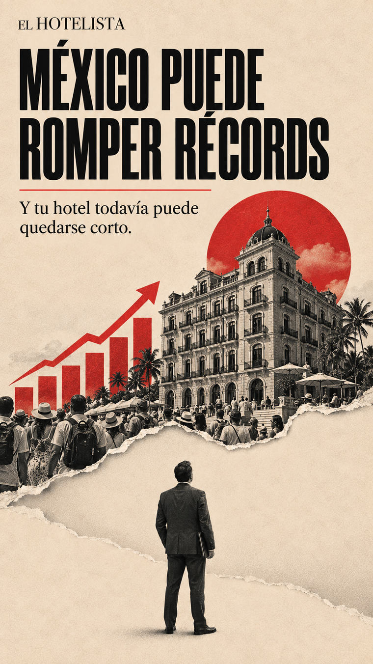Collage editorial: una multitud avanza hacia un gran hotel bajo una gráfica de barras roja ascendente, mientras un hotelero solitario observa desde el frente.