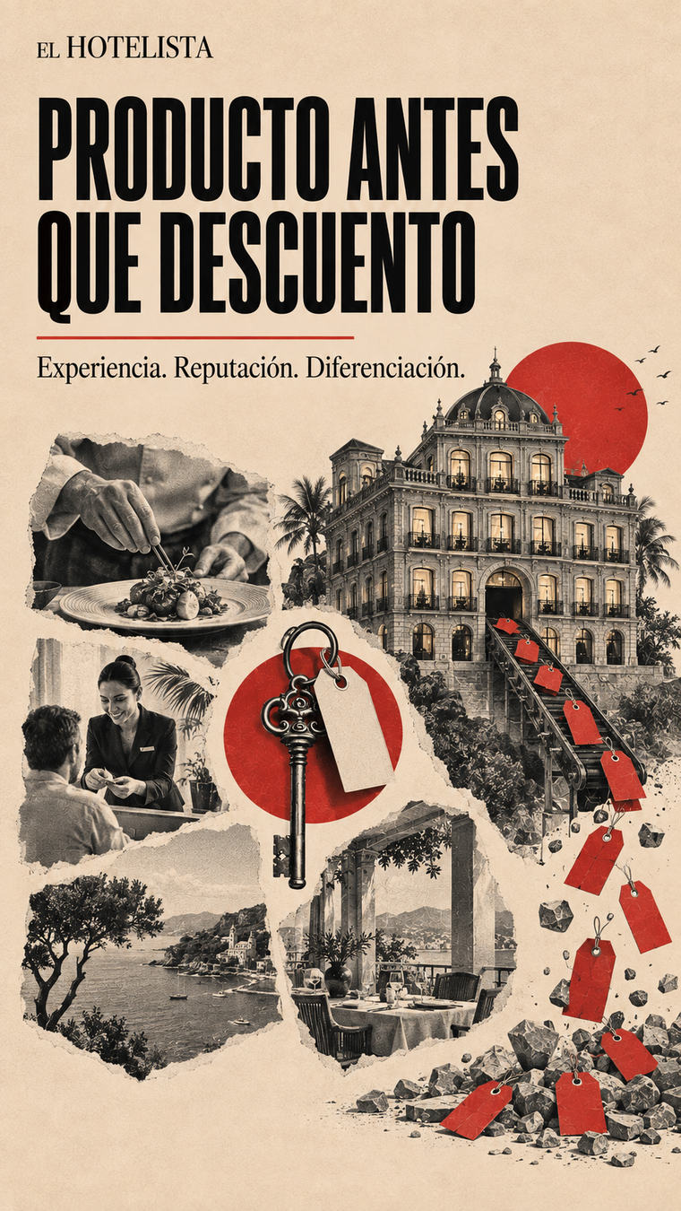 Hotel, llave, servicio y experiencias diferenciadas en un collage con el mensaje: Producto antes que descuento.
