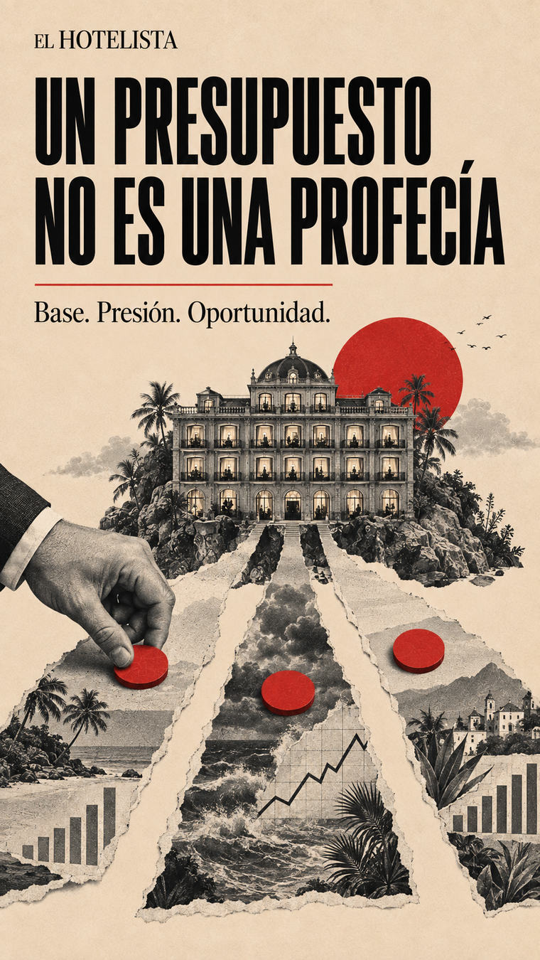 Tres caminos hacia un hotel representan los escenarios base, de presión y de oportunidad de un presupuesto hotelero.