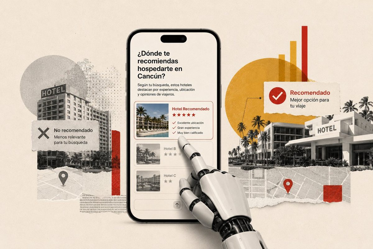 La IA recomienda un hotel: colección de imágenes con un teléfono mostrando la búsqueda '¿Dónde te recomiendas hospedarte en Cancún?' y una mano robótica.