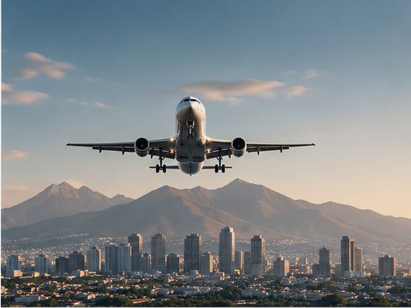 Avión comercial aterrizando sobre una ciudad mexicana con montañas al fondo.