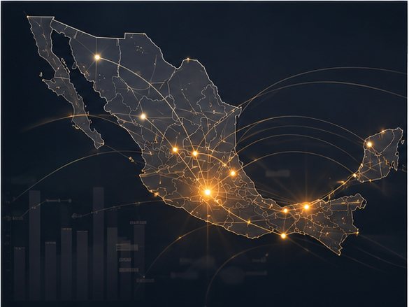 Mapa de México con rutas de conectividad iluminadas entre ciudades.