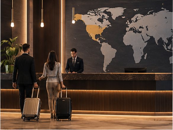 Dos huéspedes hacen check-in en la recepción de un hotel.