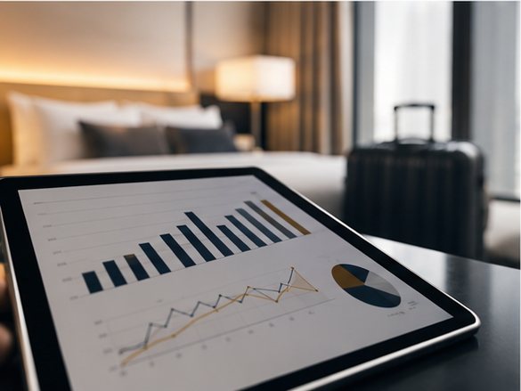 Tablet con gráficas de desempeño sobre una mesa en una habitación de hotel.