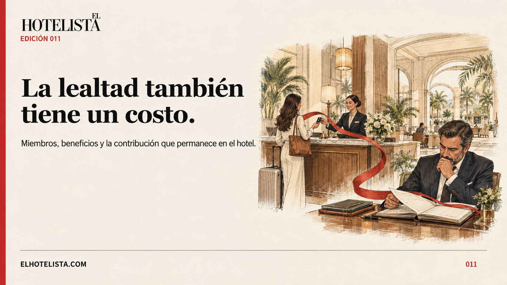La lealtad también tiene un costo. Ilustración editorial de recepción hotelera y revisión de un libro de cuentas.